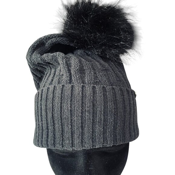 Lululemon Cable Knit Pom Beanie Black Faux Fur Ribbed Winter Hat One Size - Picture 7 of 8